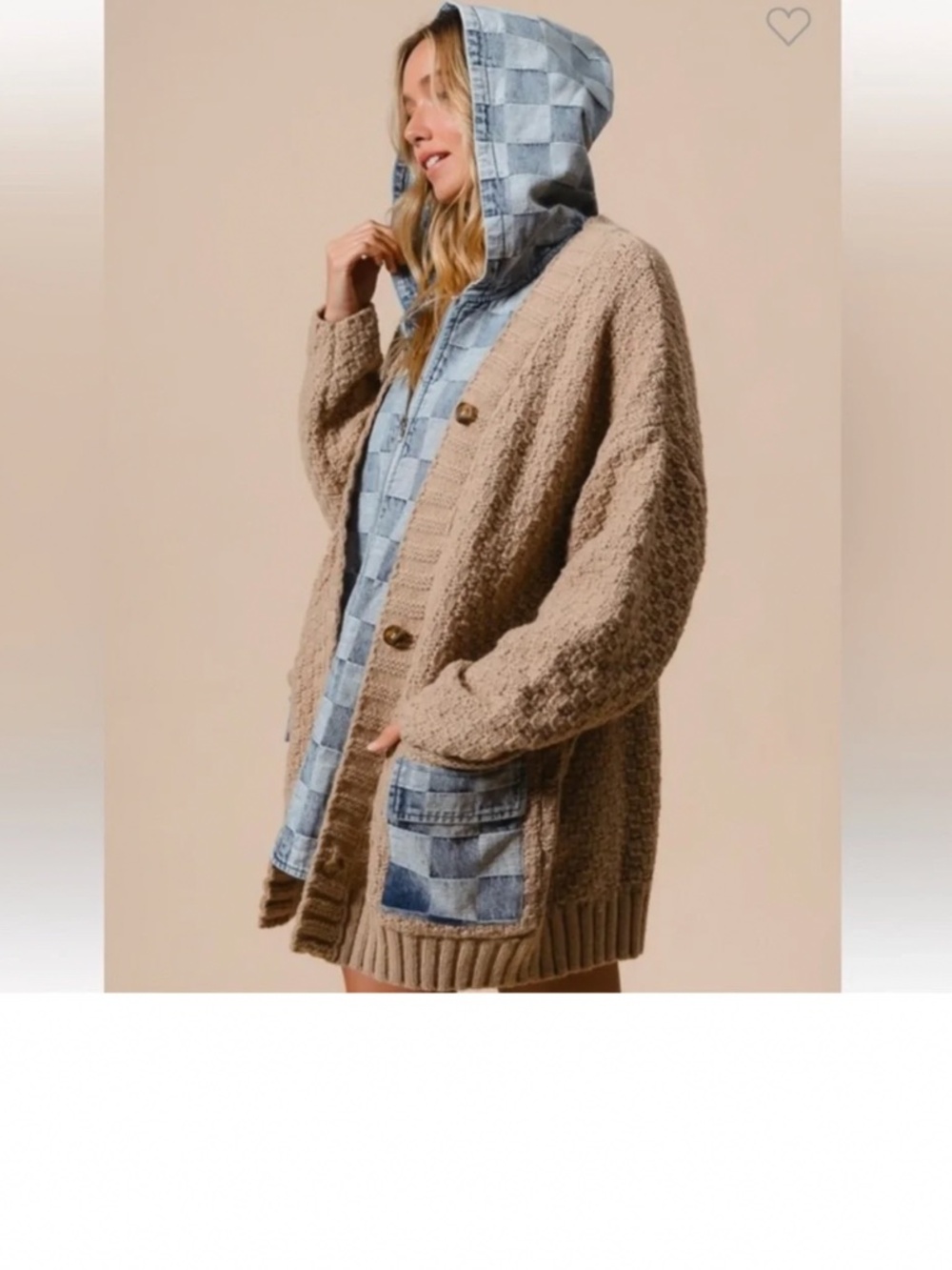 BiBi Washed Checker Denim zip-up Sweater Cardigan; Size: S